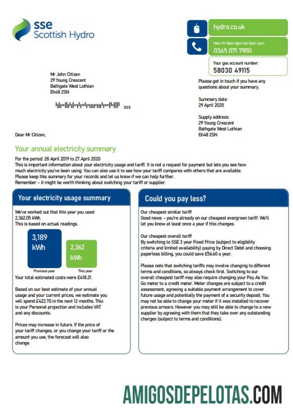 realista Modelo de fatura de serviços públicos de energia SSE do Reino Unido em formato Word e PDF, versão 2